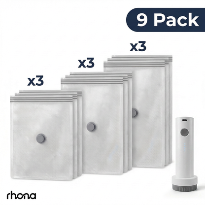 TravelVac Pro 9 pack flat lay with pump